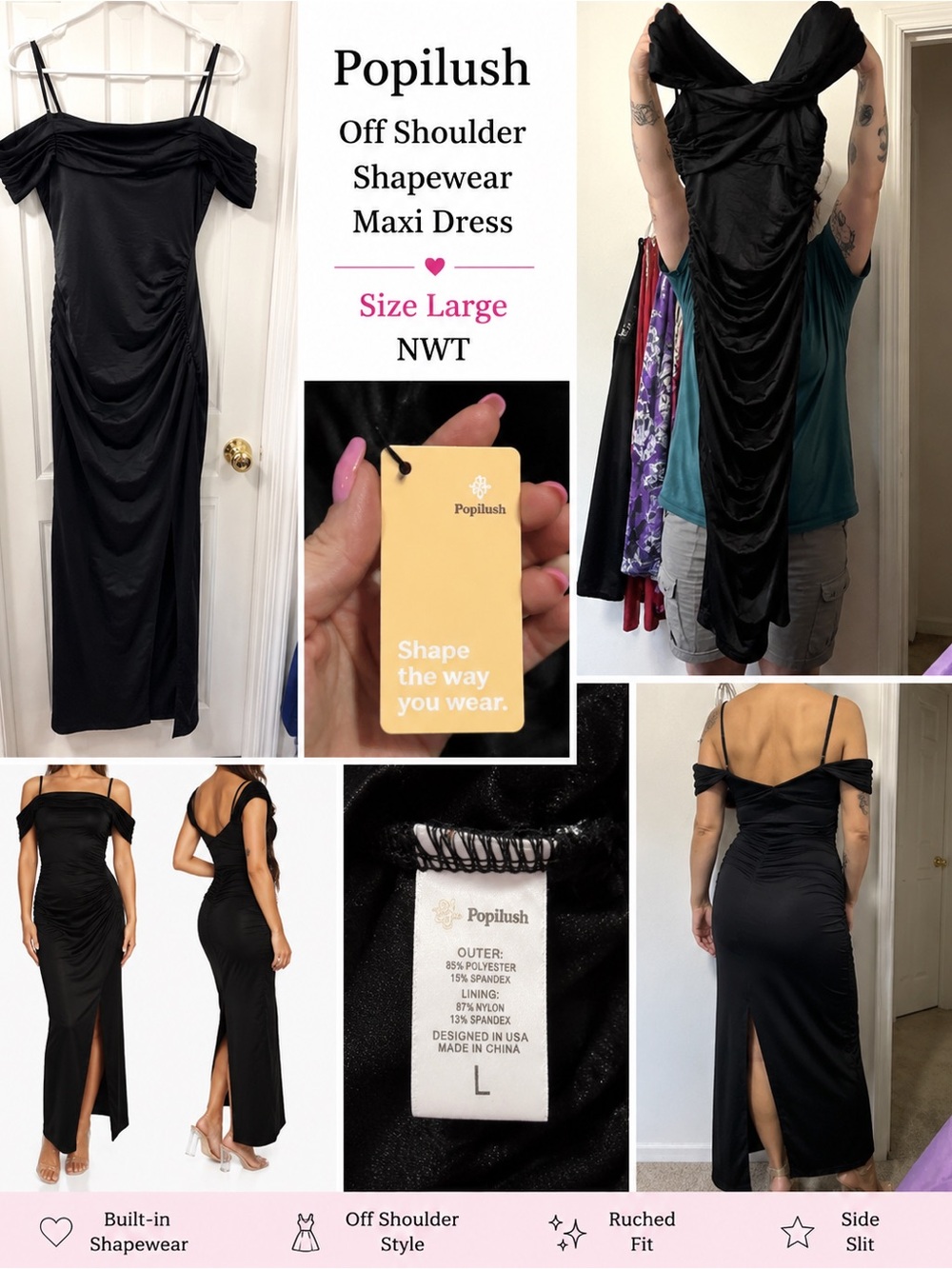 Popilush Black Off-Shoulder Shapewear Maxi Dress - Large